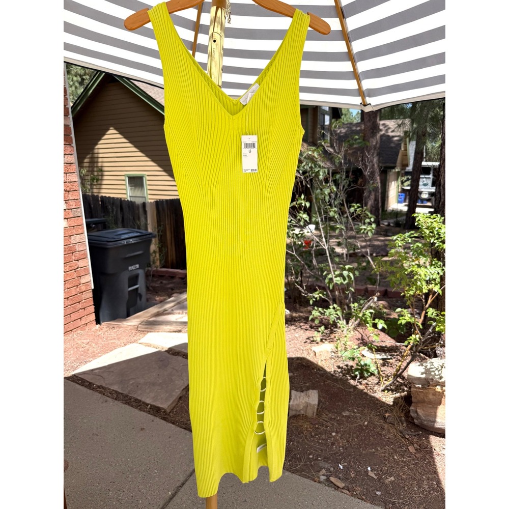 House of Harlow 1960 Midi Dress Womens L Lime Green NWT Ribbed Ring Slit